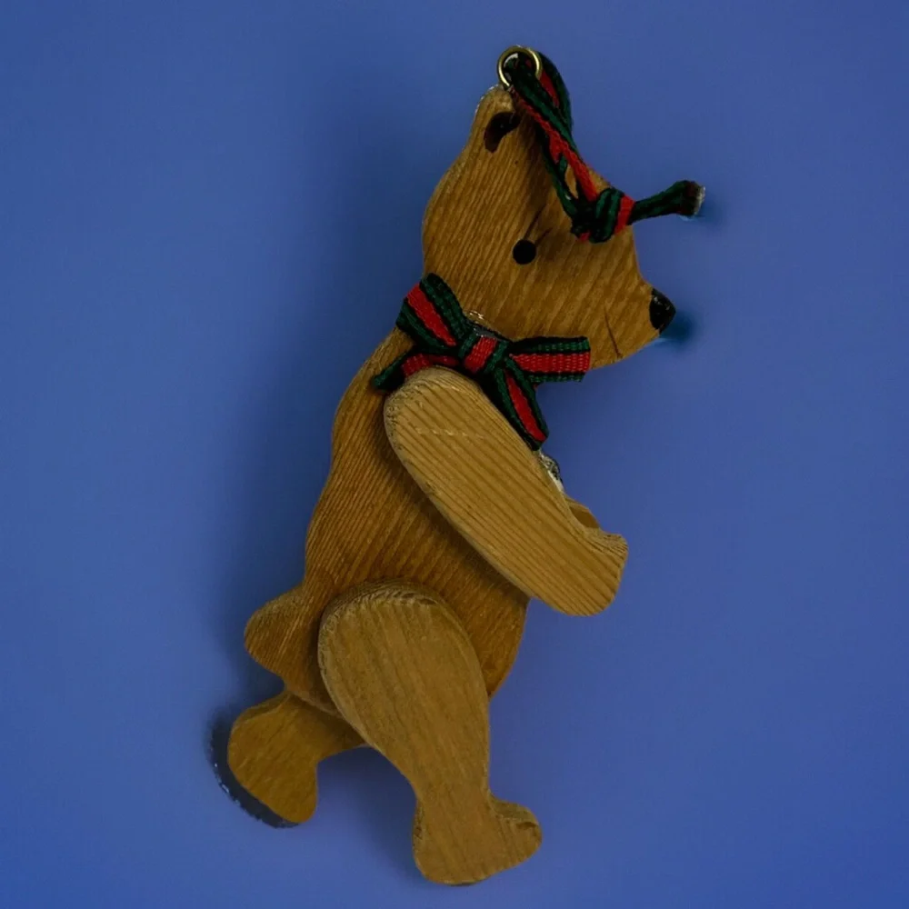 Vintage Wood Jointed Teddy Bear Posable Ornament 1985 Midwest 5”